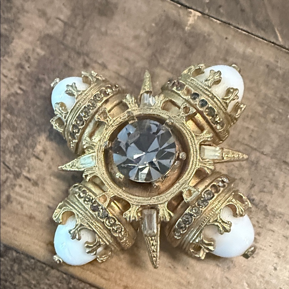 Benedikt NY Maltese Cross White Cabochons Crystals Gold Tone Brooch Pin Pendant